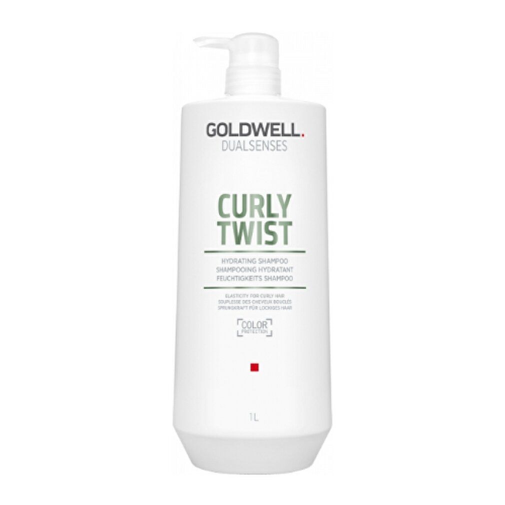 Goldwell Dual Senses Curly Twist Shampoo. Flacone bianco con dosatore a pompa. Testo: Curly Twist, Hydrating Shampoo. 1L.