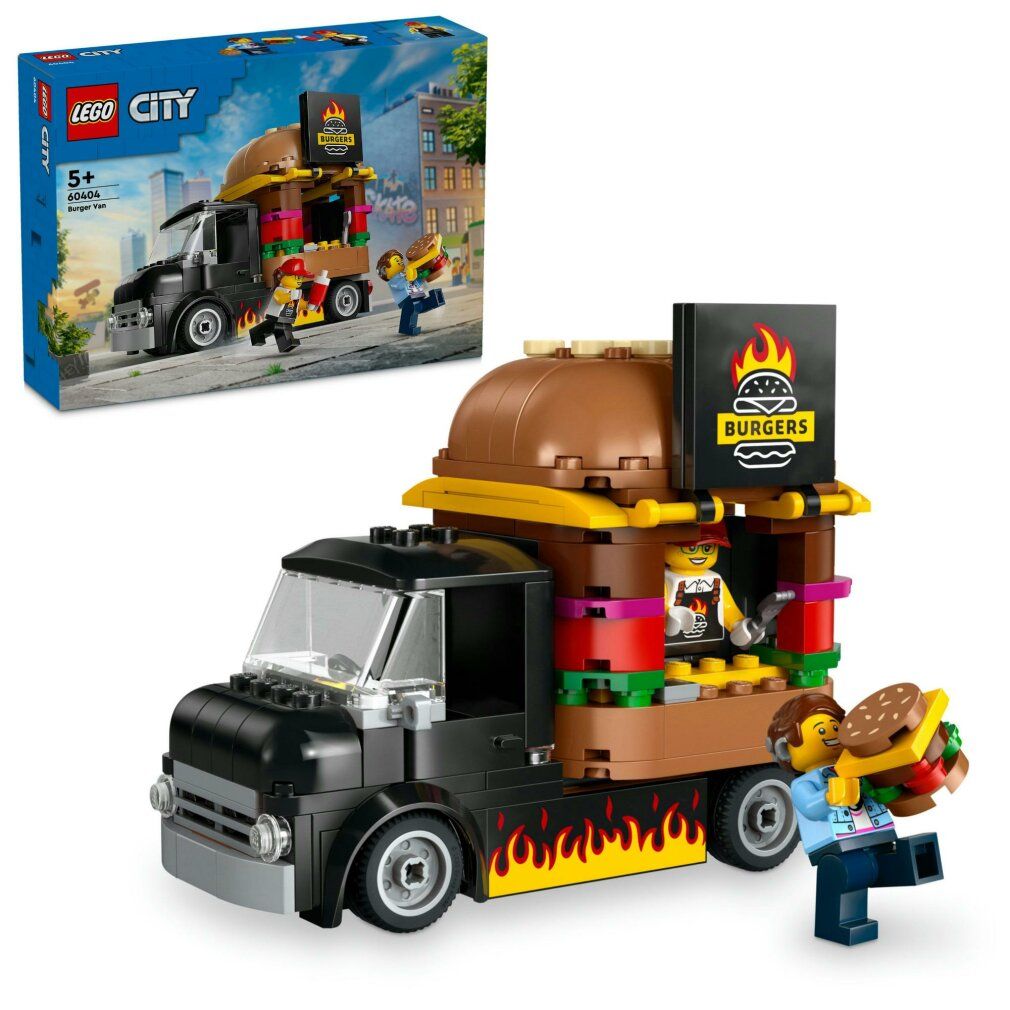 Food truck nero con struttura a forma di hamburger. Include personaggi e hamburger. LEGO City 60404. Scritta: BURGERS.