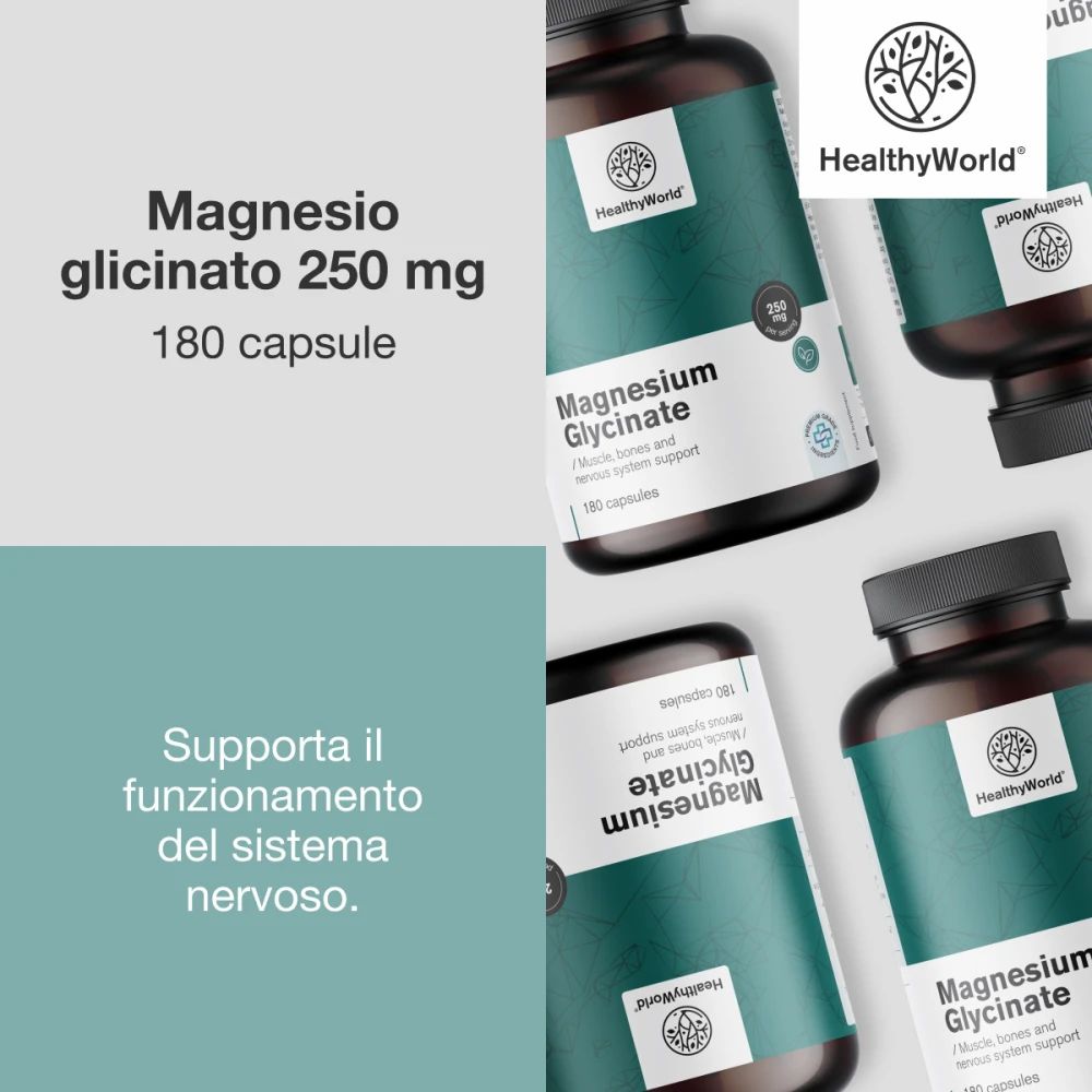 Più flaconi di Magnesium Glycinate. Scritta: 250 mg, 180 capsule. Marchio: HealthyWorld. Testo: Supporta il sistema nervoso.