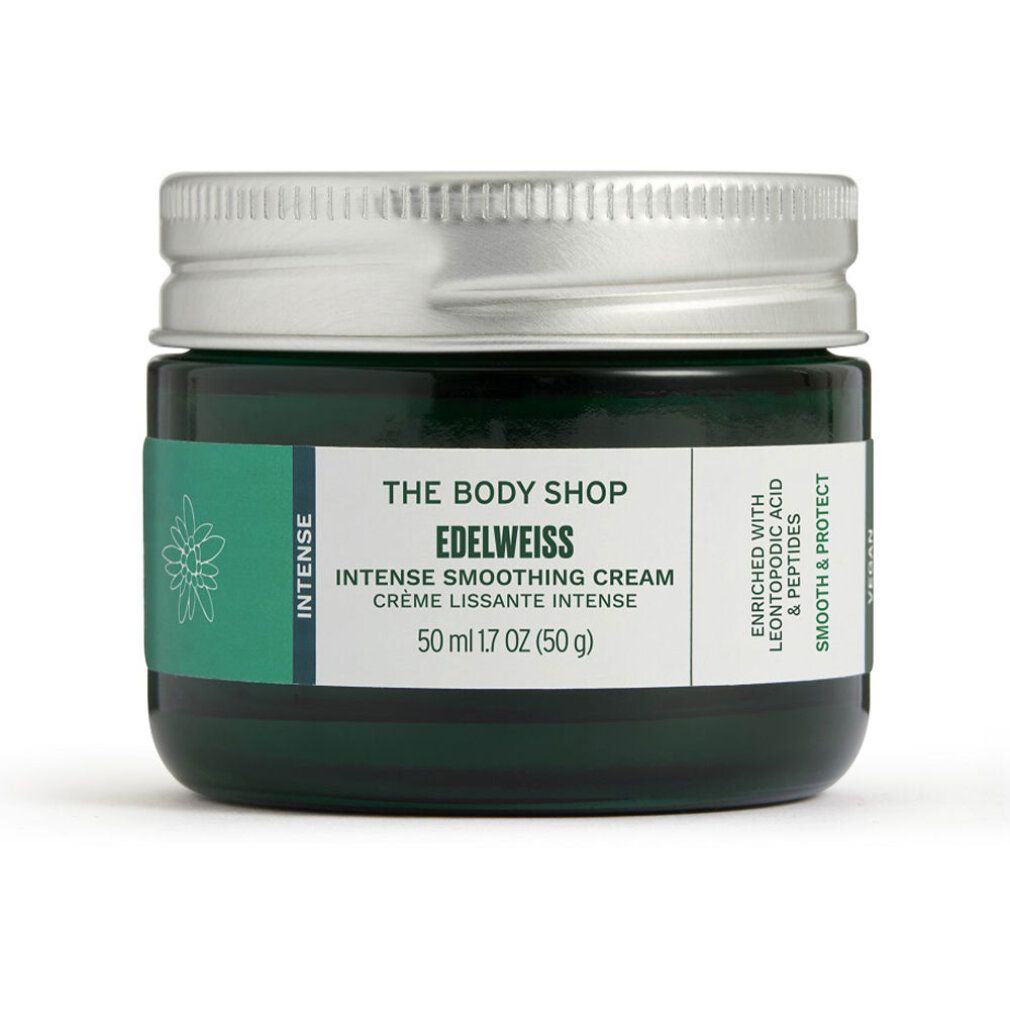 Vasetto di vetro verde con coperchio argentato. Scritta: The Body Shop, Edelweiss, Intense Smoothing Cream. Contiene Leontopodium Acid & Peptide.