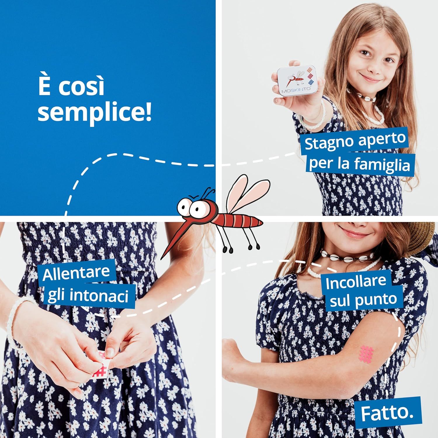 Quattro immagini mostrano l'applicazione. Togliere il cerotto dalla scatola, attaccare sulla puntura. Scritta: È così semplice!