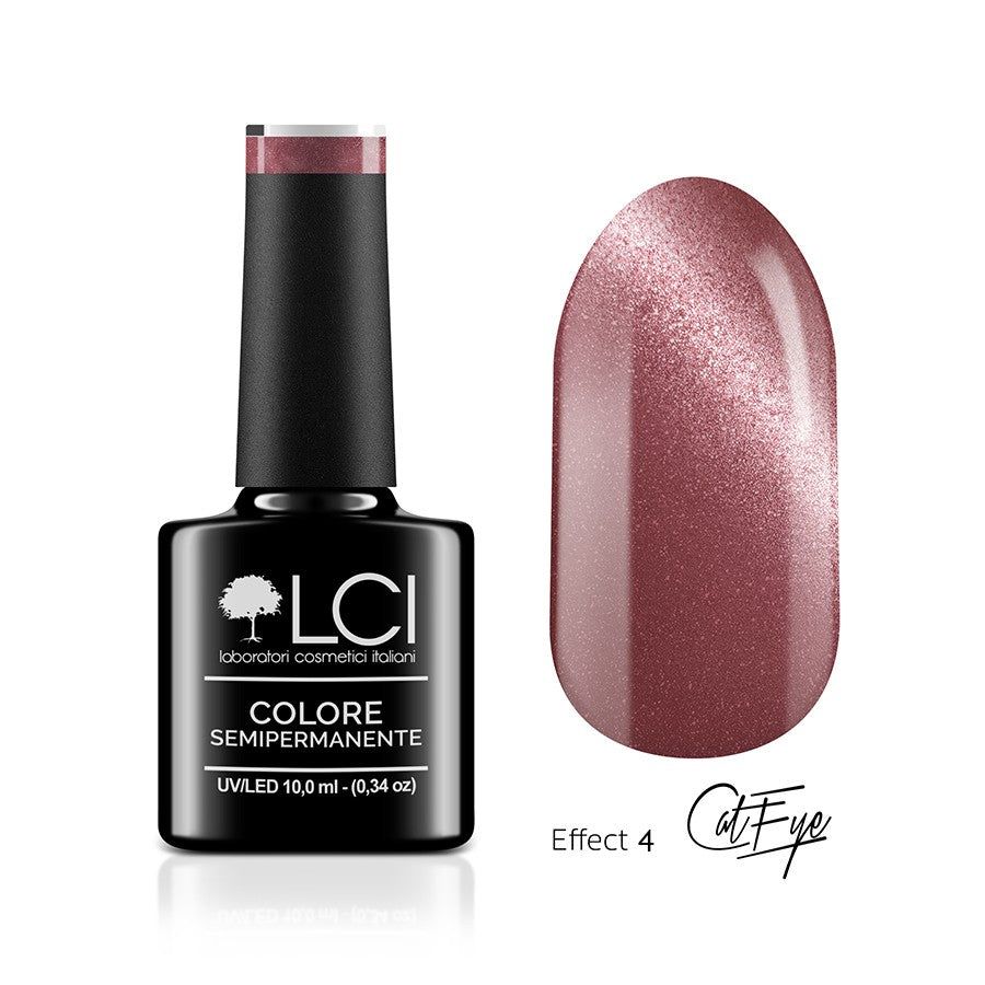 Flacone di smalto e prova unghia. Colore rosa-marrone con effetto lucido. Scritta: LCI, Colore Semipermanente, UVLED. Effetto 4 Cat Eye.