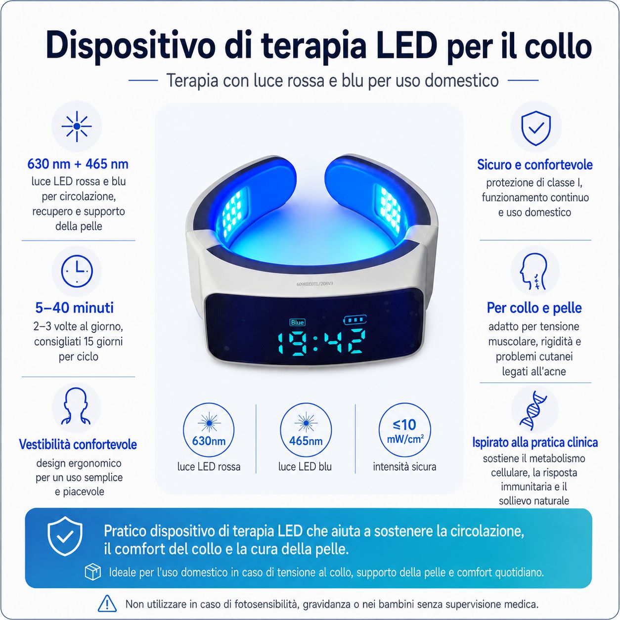 Dispositivo di terapia LED per il collo con luci blu, display digitale e informazioni sul prodotto.