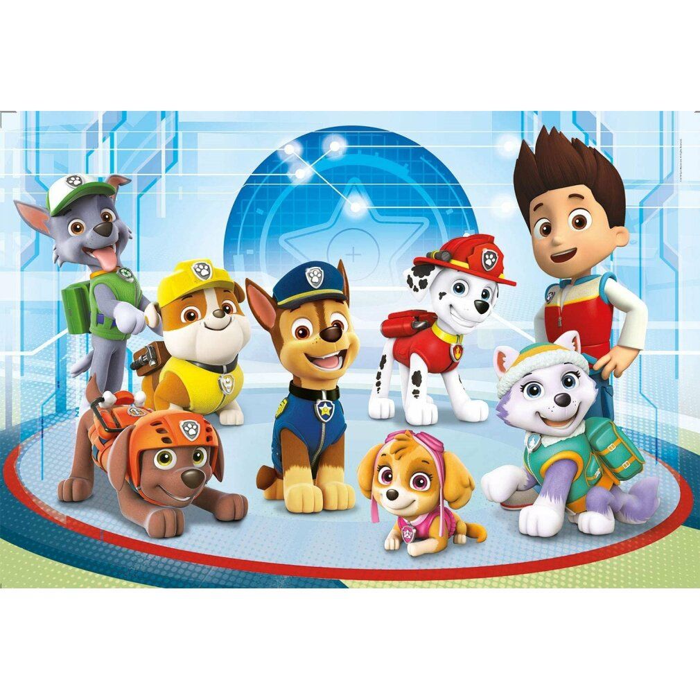 Puzzle Clementoni Paw Patrol: Freunde maxi. Pezzi di puzzle con personaggi Paw Patrol. Personaggi su sfondo blu. Puzzle assemblato.