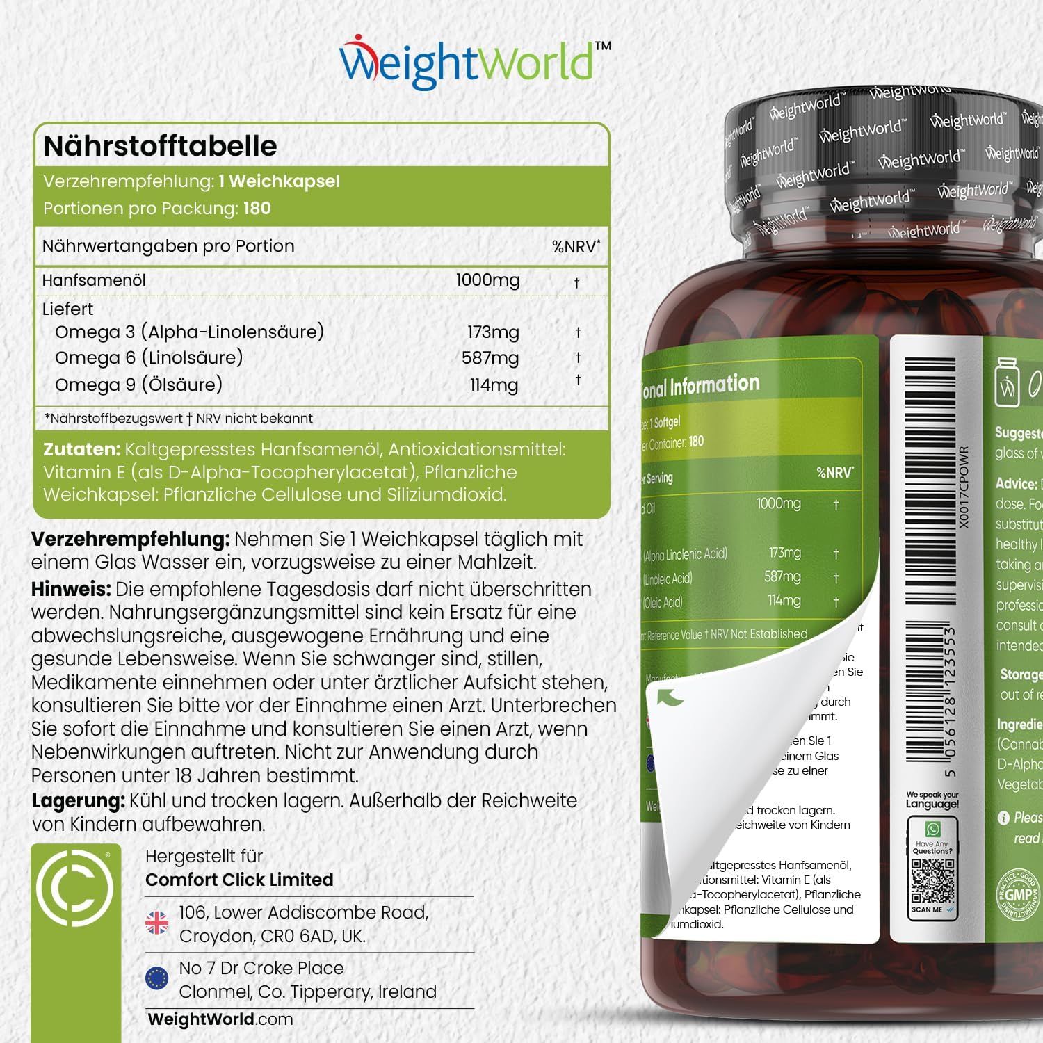 Tabella nutrizionale e flacone di capsule di olio di semi di canapa. Testo: 180 capsule. Ingredienti, raccomandazioni per l'uso, avvertenze, conservazione.