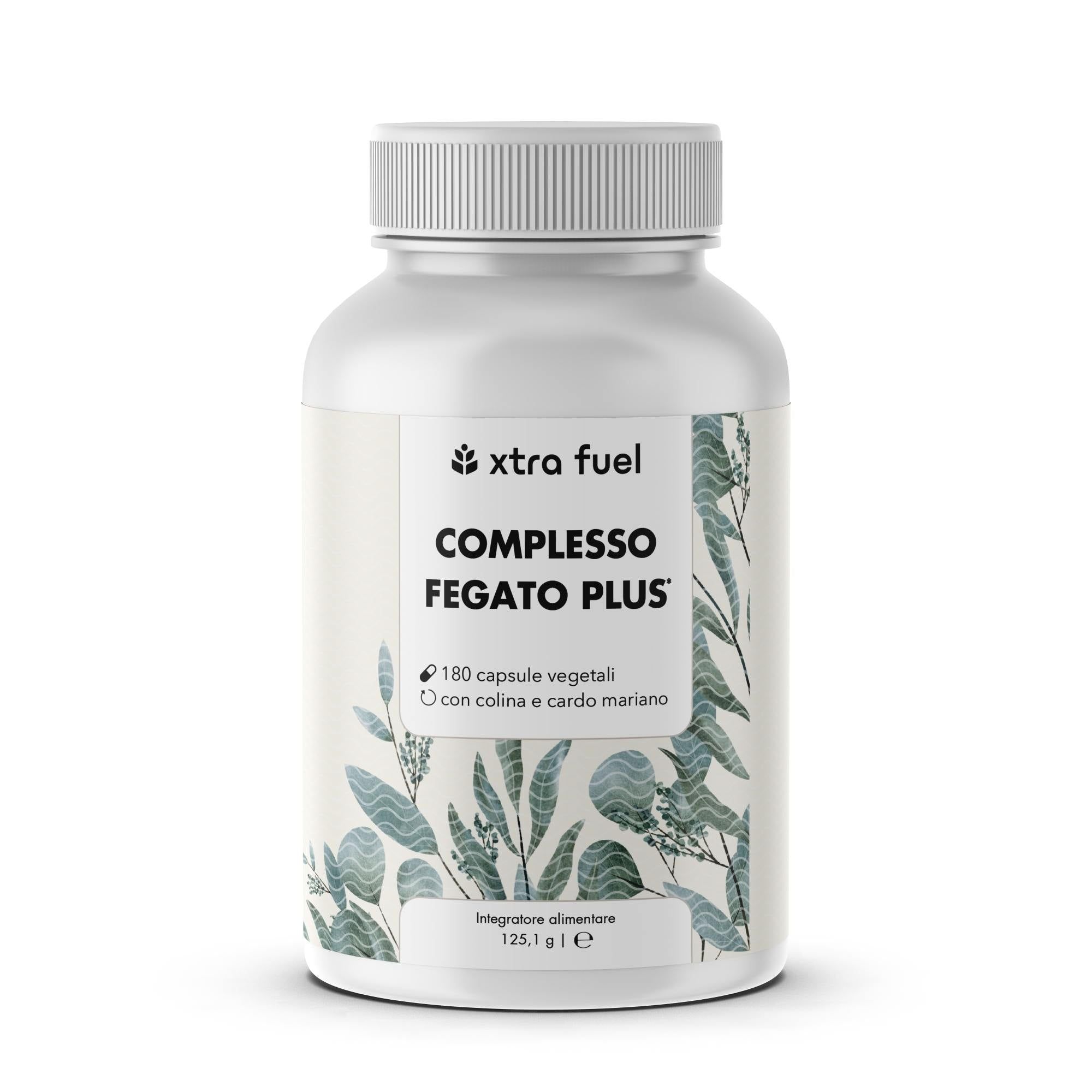 Flacone bianco con capsule. Scritta: XTRA FUEL COMPLESSO FEGATO PLUS. 180 capsule vegetali.