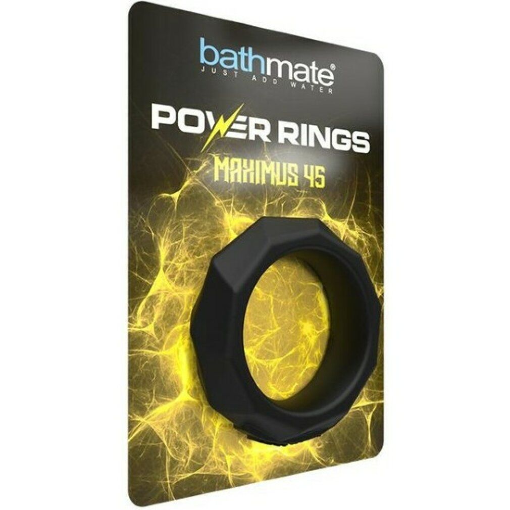 Confezione con anello nero. Scritta: Bathmate, Power Rings Maximus 45. Sfondo con effetti luce gialli.