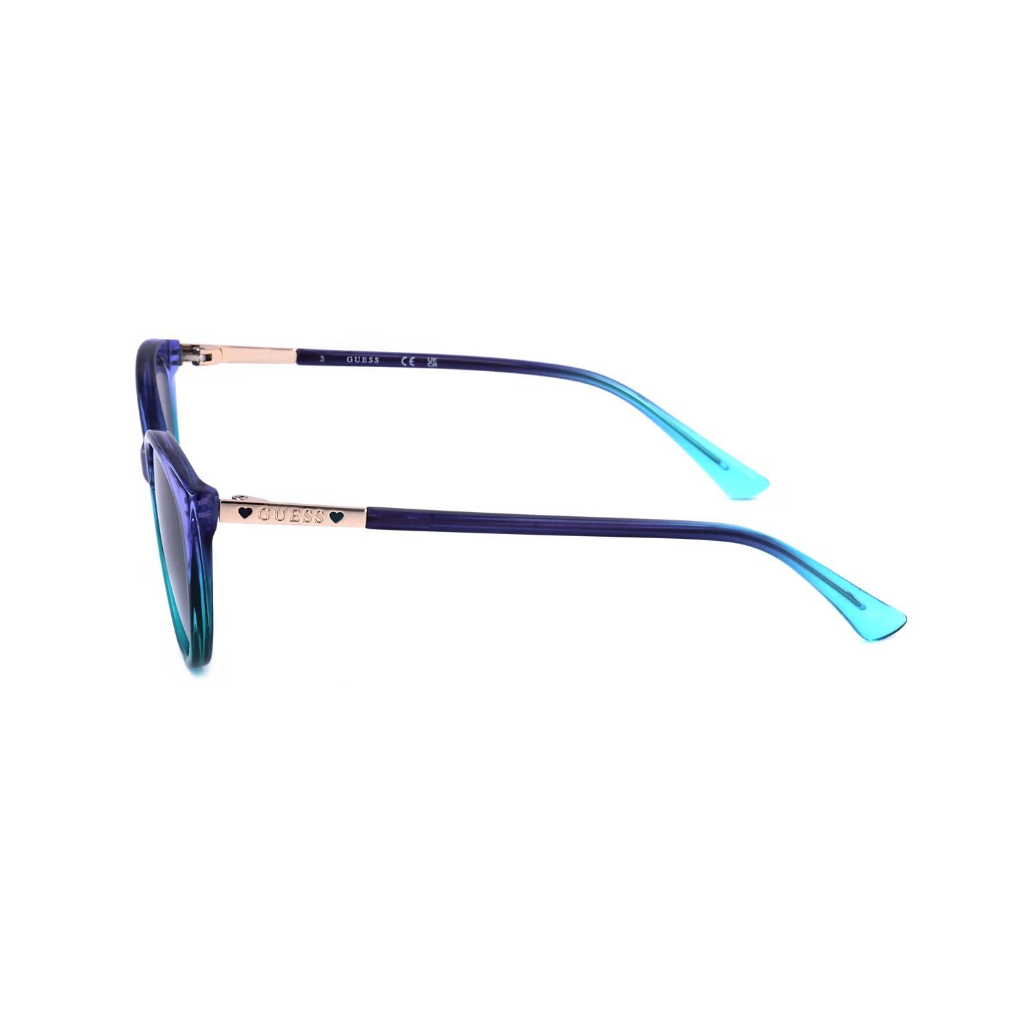 Occhiali da sole blu e verdi con accenti dorati e logo Guess.