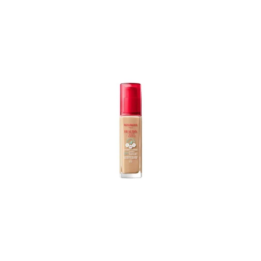 Flacone di trucco con tappo rosso. Scritta: Bourjois Healthy Mix. Tonalità: 54-Beige. Su sfondo chiaro.