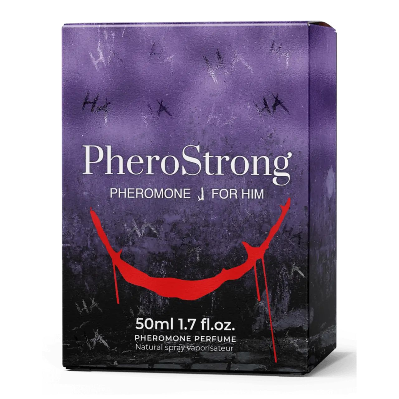 Confezione PheroStrong. Sfondo viola con logo e testo. Grafica bocca rossa.