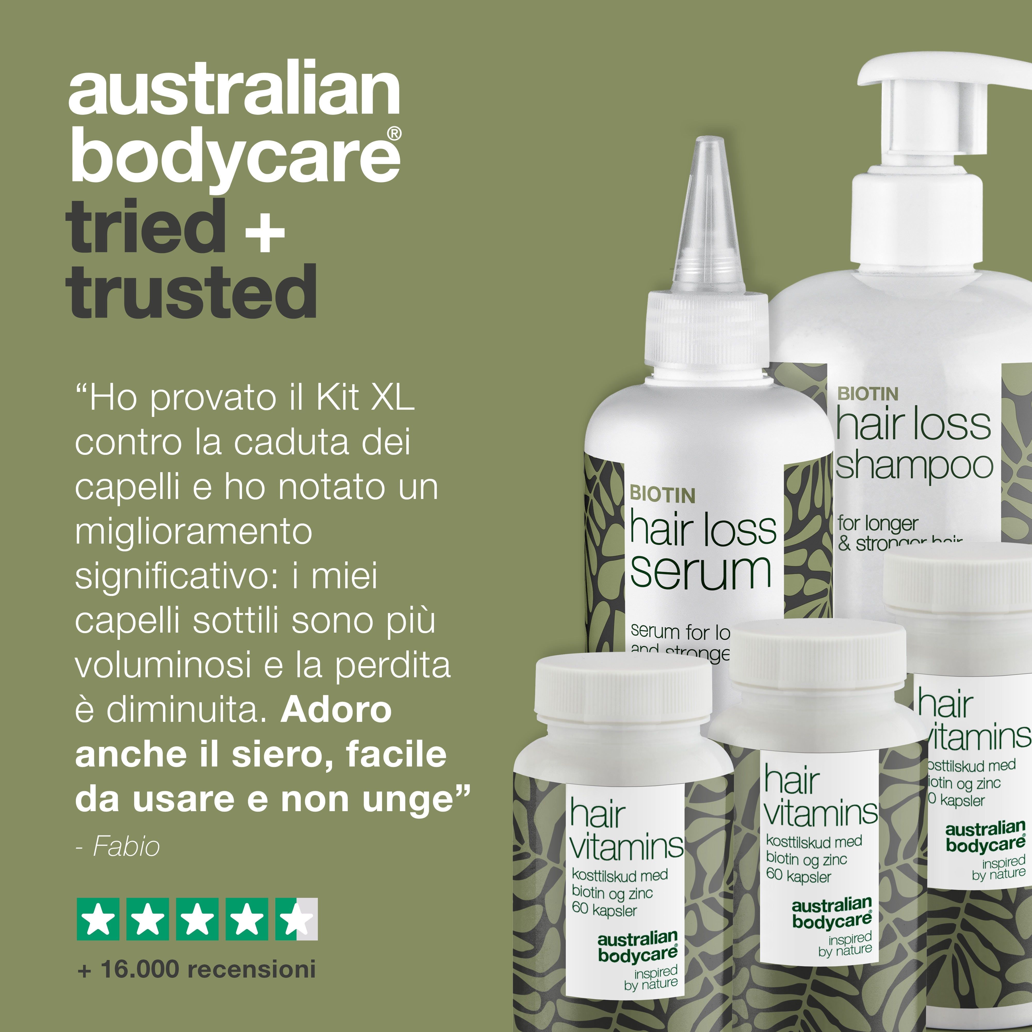 Prodotti. Scritta: Hair Loss Serum, Hair Loss Shampoo, Hair Vitamins. Marchio: Australian Bodycare. Testo: Tried + Trusted.