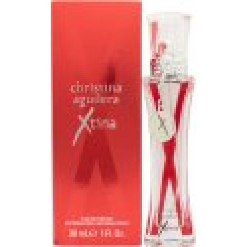 Profumo rosso con confezione rossa. Scritta: Christina Aguilera Xtina. Flacone con forma a X rossa.