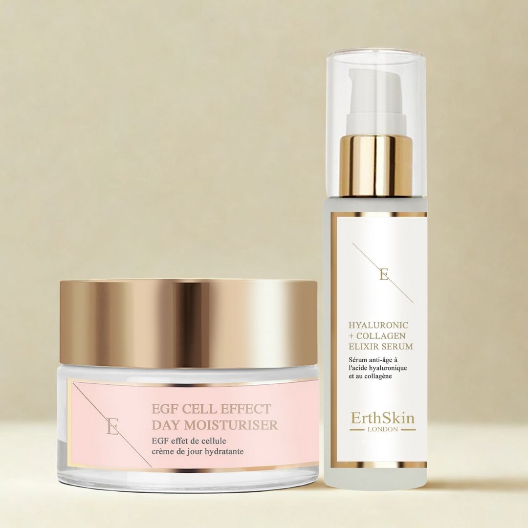 Crema idratante giorno e siero collagene acido ialuronico ErthSkin. Prodotti su sfondo chiaro.