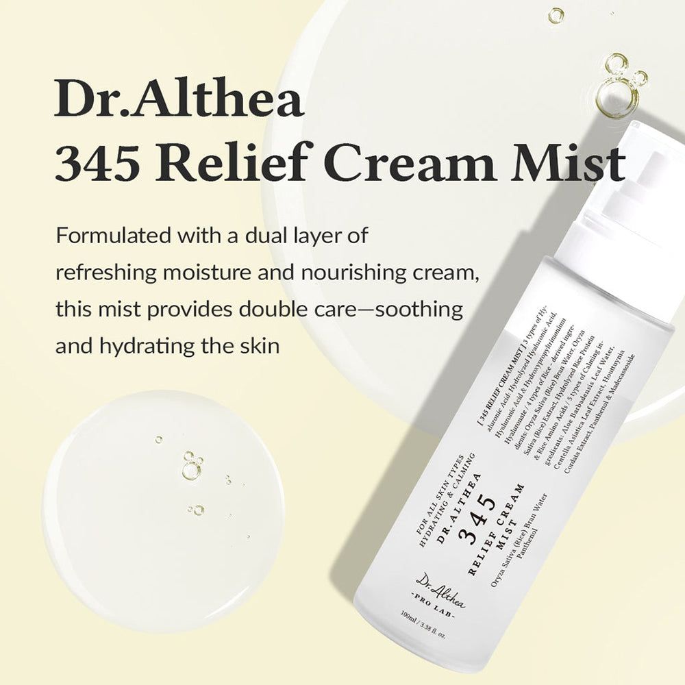Dr. Althea 345 Relief Cream Mist con testo che evidenzia la formula a doppio strato.