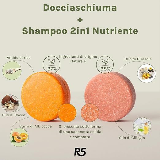 Due saponette rotonde, arancione e rosa. Testo: Docciaschiuma + Shampoo 2in1 Nutriente, R5, ingredienti.