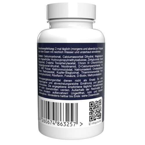Flacone bianco di capsule con etichetta blu. Contiene informazioni sugli ingredienti e raccomandazioni. Codice a barre e QR code.