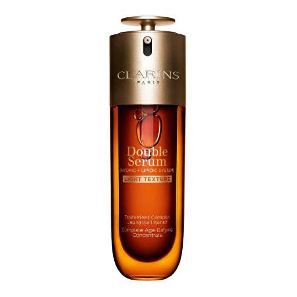 Clarins Double Serum, flacone marrone con tappo dorato. Scritta: Double Serum, Light Texture.