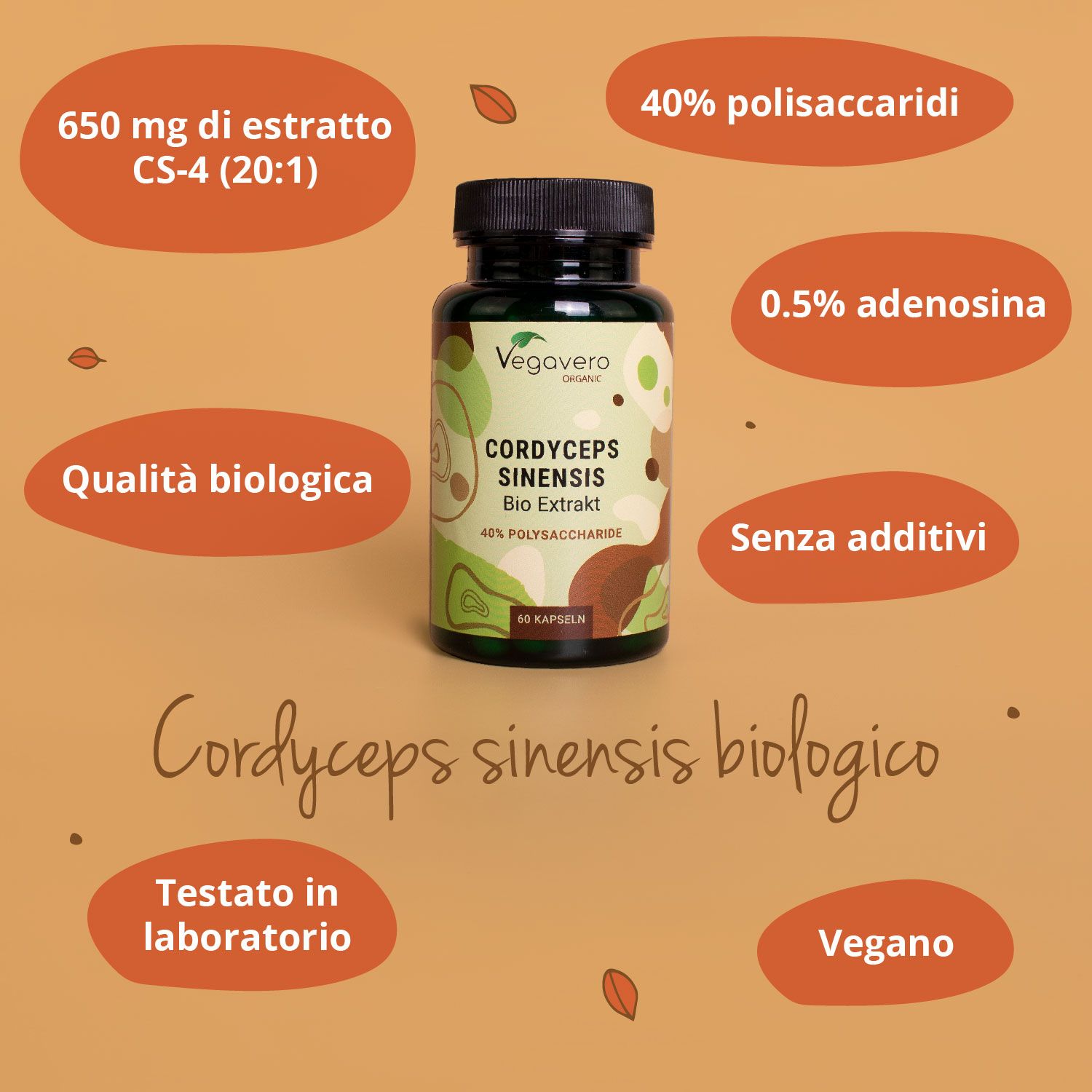 Flacone di Cordyceps Sinensis Bio Extrakt. Testo: 650 mg di estratto CS-4, 40% polisaccaridi, 0,5% adenosina. Altri testi: Qualità biologica, senza additivi.