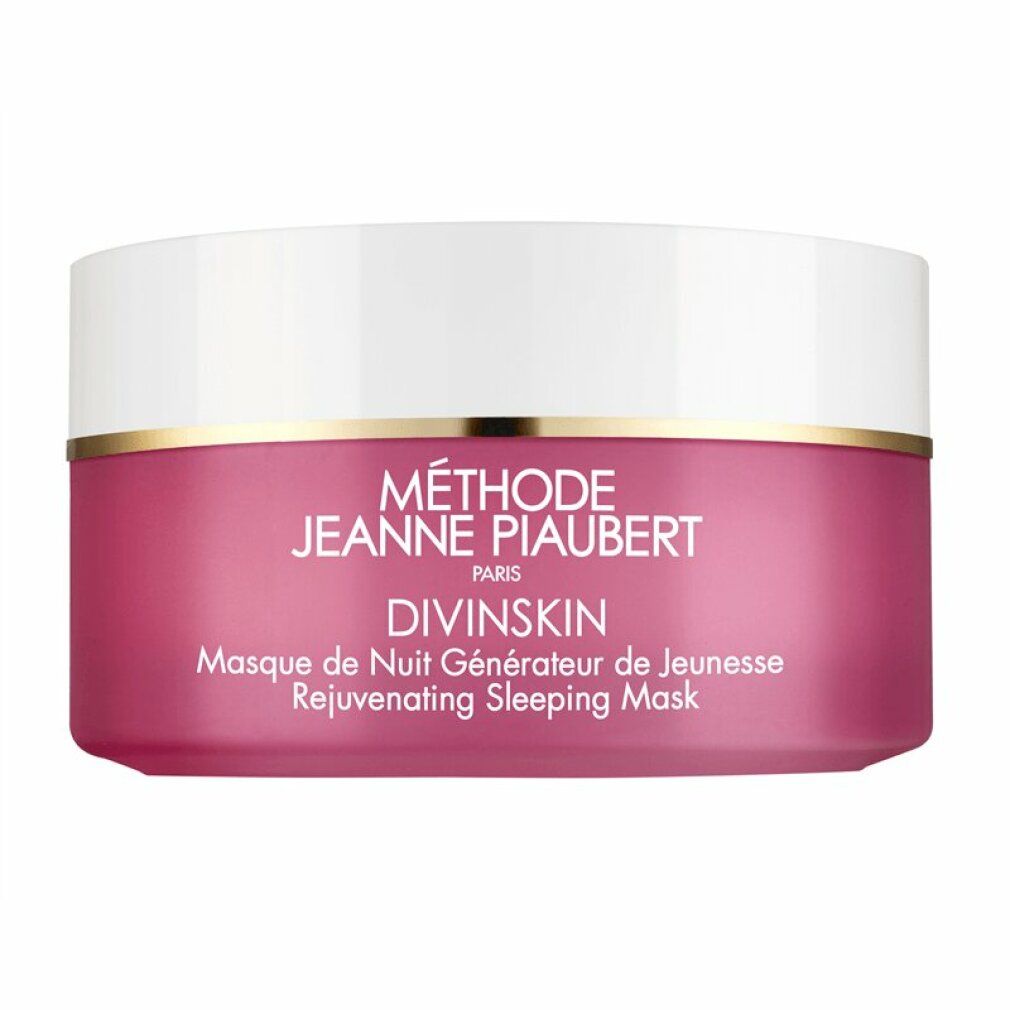 Vaso rosa con coperchio bianco. Bordo dorato. Scritta: Méthode Jeanne Piaubert, Divinskin, Masque de Nuit Générateur de Jeunesse, Rejuvenating Sleeping Mask.