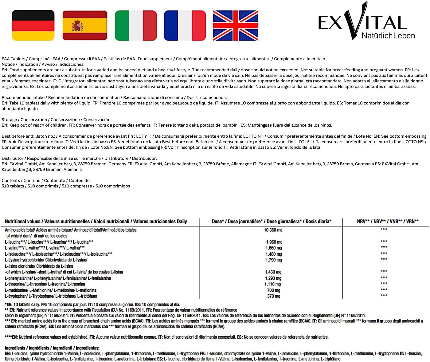 Contenitore nero EXVital EAA 8 aminoacidi essenziali, 510 compresse vegane. Prodotto in Germania.
