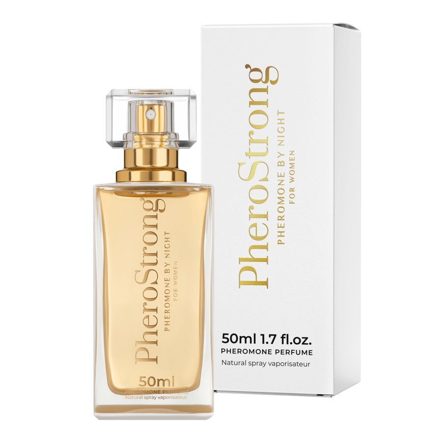 PheroStrong Profumo feromoni per donne, 50ml. Flacone in vetro con spray e scatola bianca.