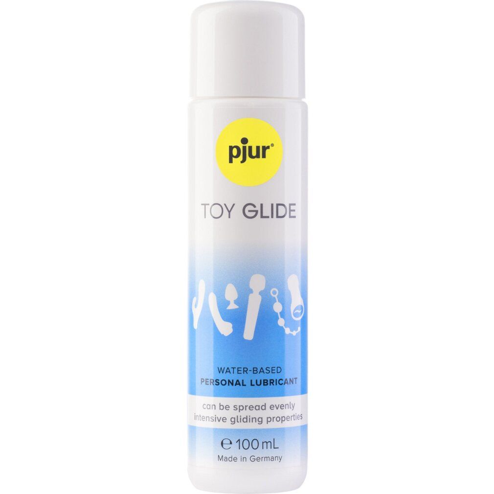 Flacone bianco con logo giallo. Scritta: pjur, TOY GLIDE. Grafica blu con simboli di giocattoli. Testo: WATER-BASED PERSONAL LUBRICANT. Made in Germany.