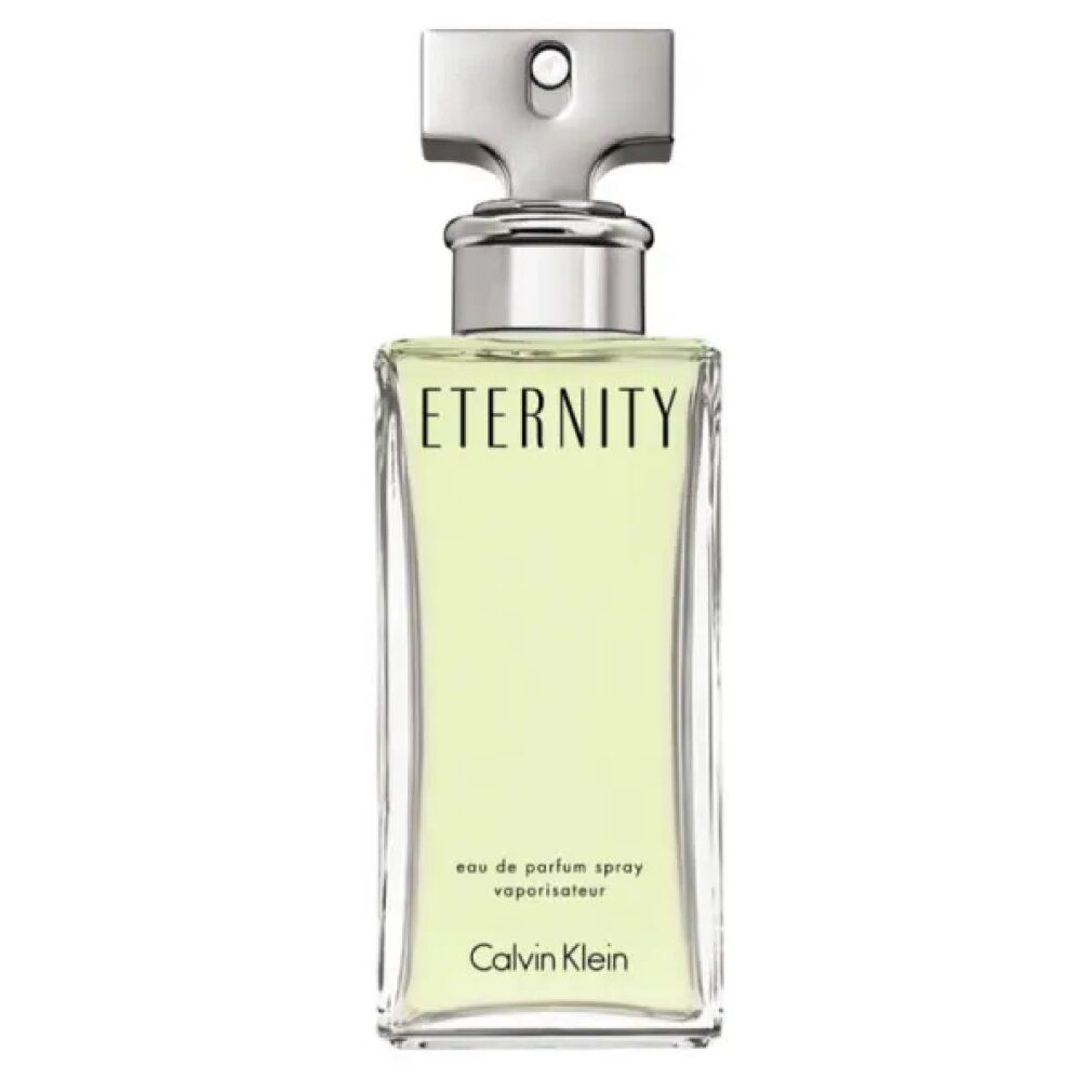 Flacone rettangolare con tappo argentato. Scritte "Eternity" e "Calvin Klein".