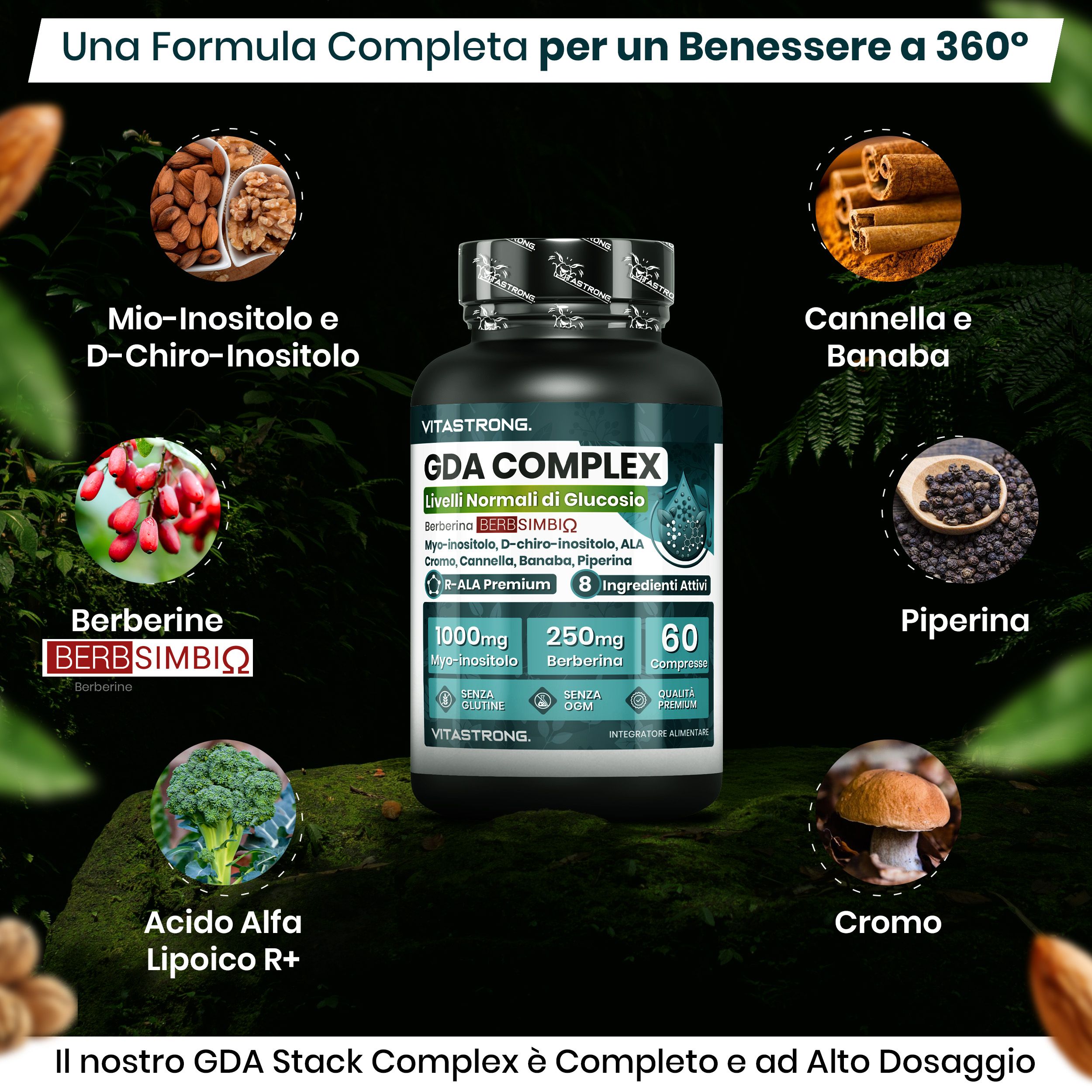 Vitastrong GDA Complex, 60 compresse. Confezione con ingredienti: Myo-Inositolo, D-Chiro-inositolo, Cannella, Banaba, Piperina, Cromo.