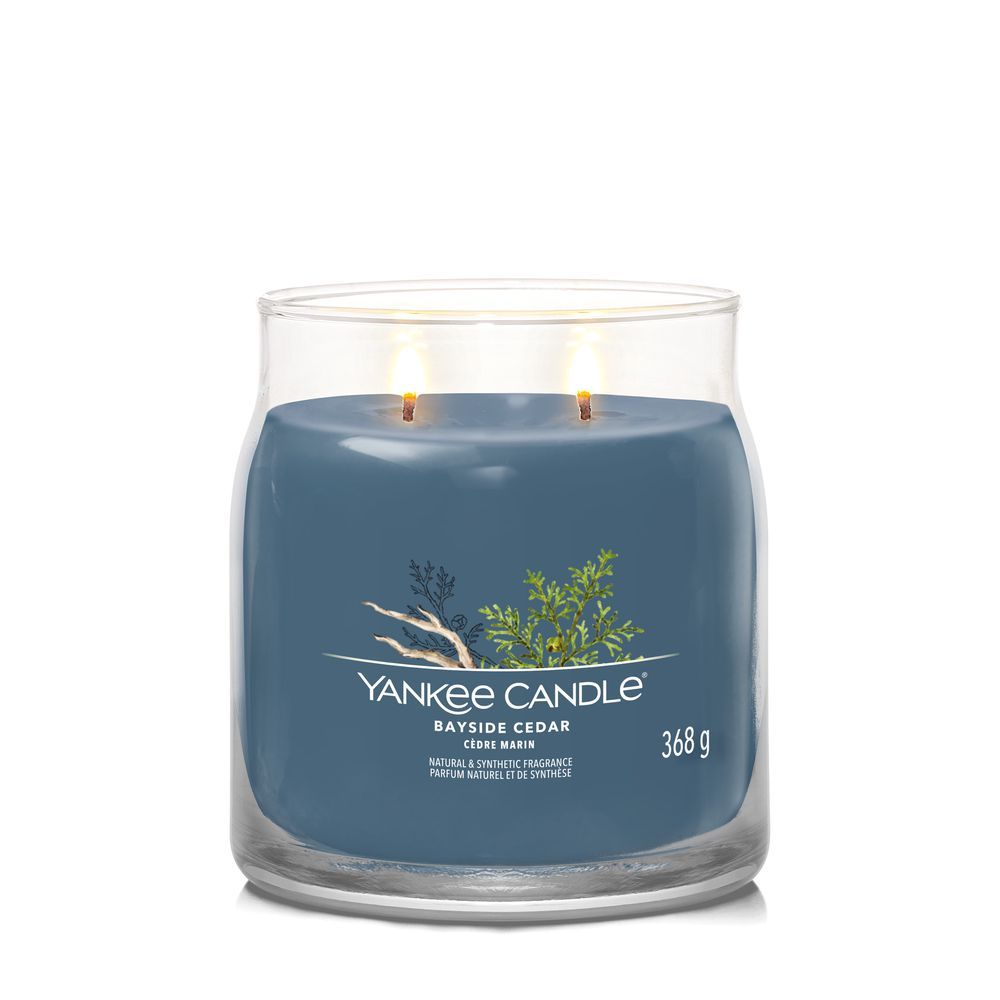 Vasetto di candela con coperchio. Candela blu con due stoppini. Stampa e scritta. 368g. Yankee Candle Bayside Cedar.
