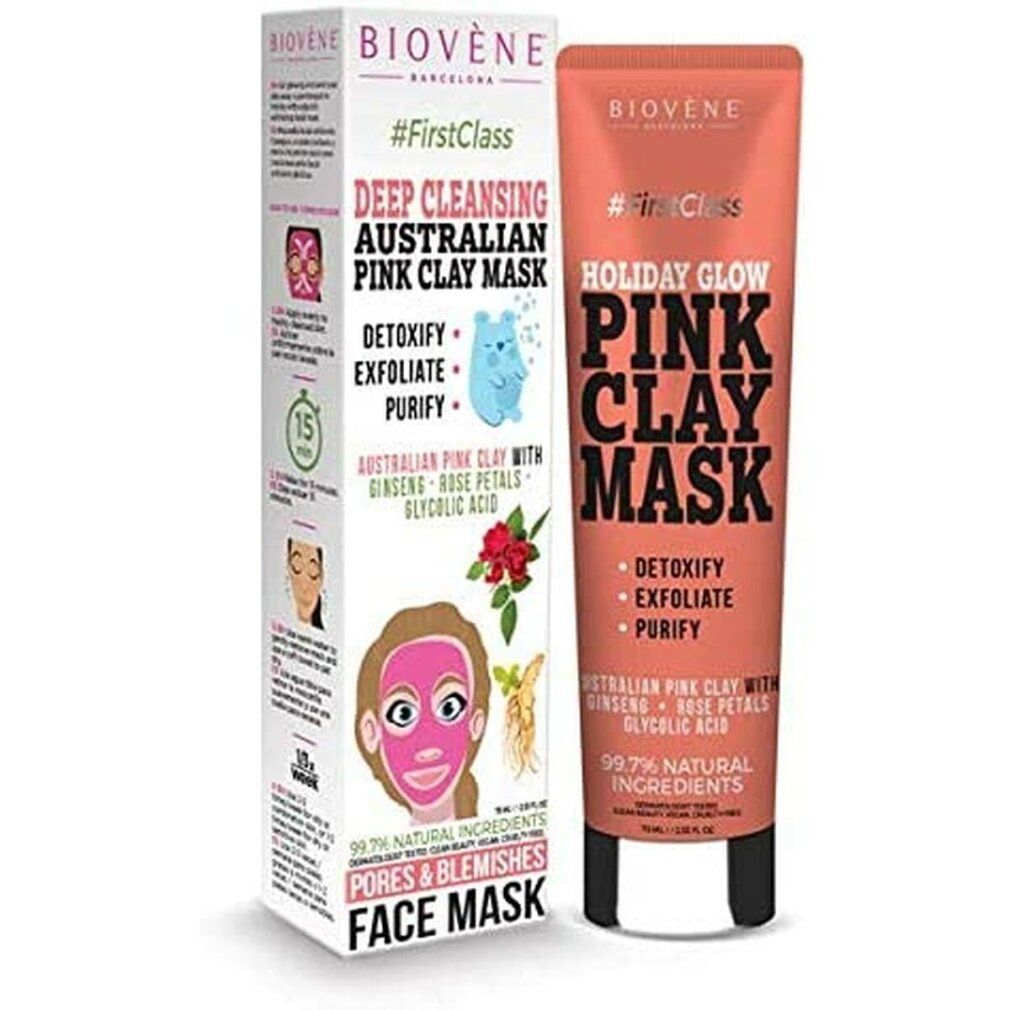 Tubo e scatola rosa. Sulla scatola è presente un'illustrazione di una persona con una maschera facciale. Il marchio Biovene è visibile.