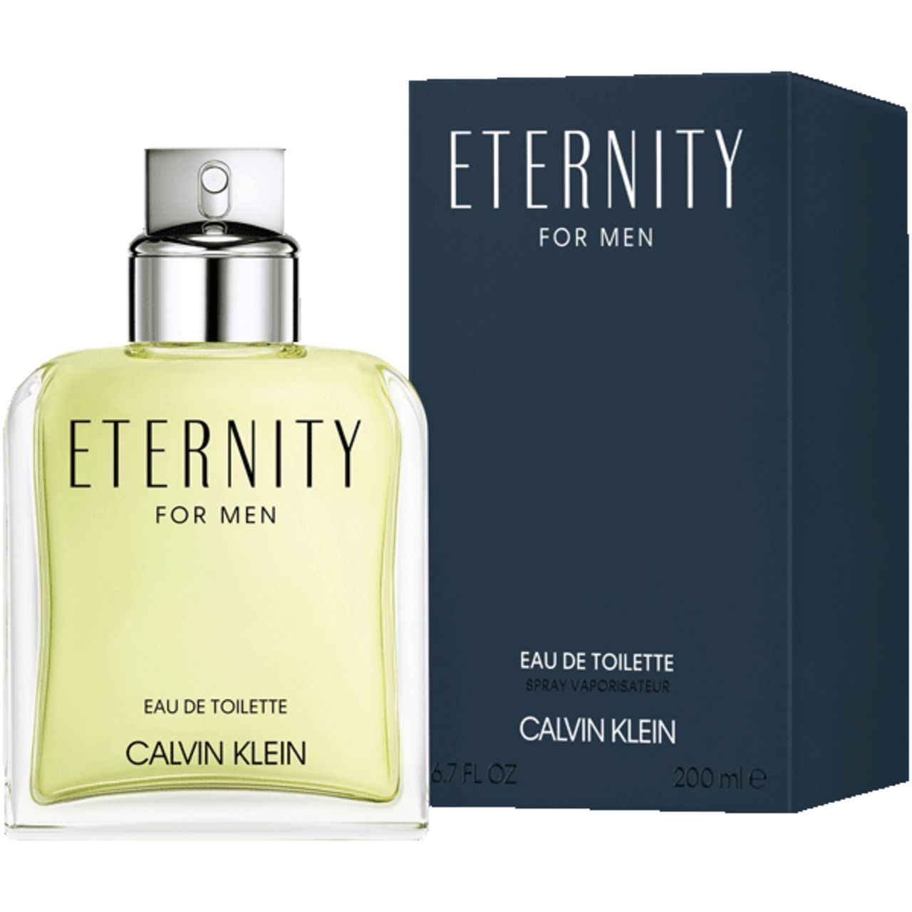 Flacone in vetro e confezione. Scritta: Eternity for Men, Eau de Toilette, Calvin Klein. 6.7 FL OZ, 200 ml.