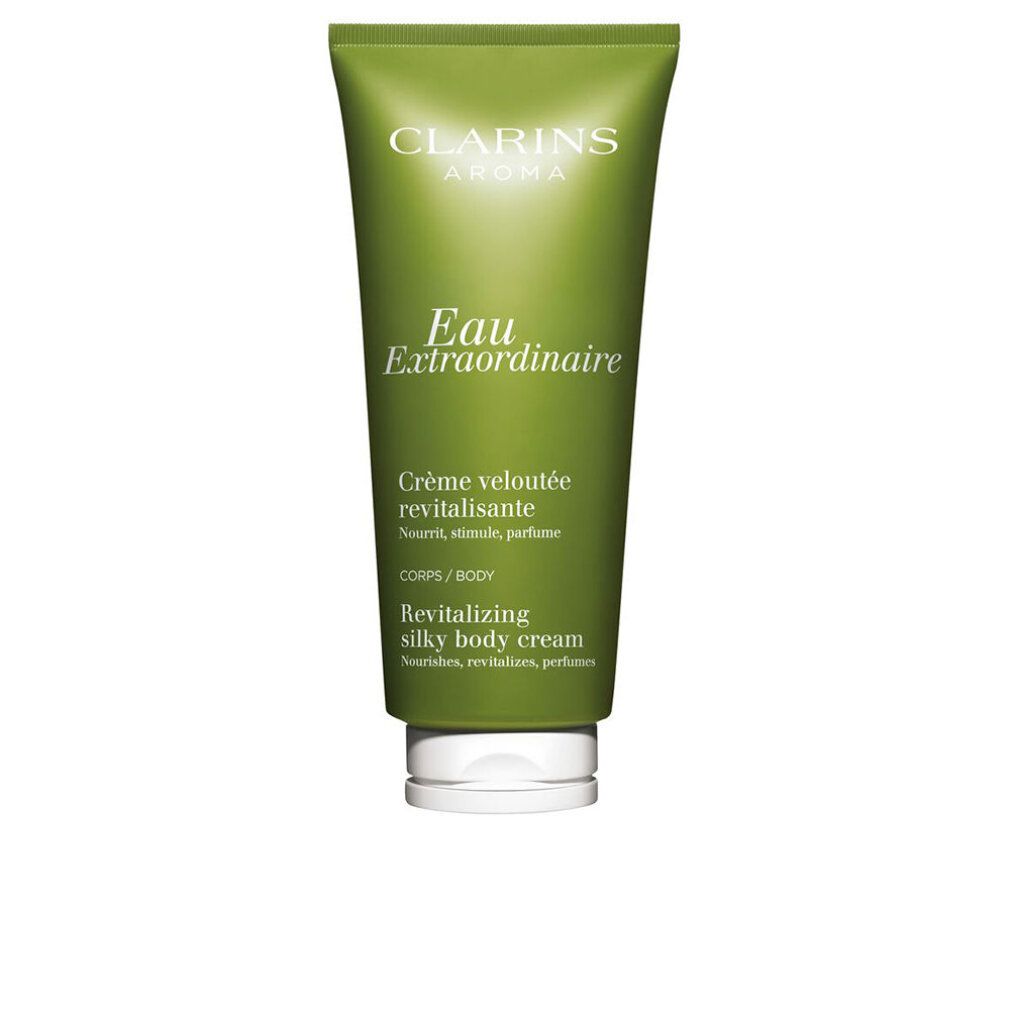 Tubo verde con tappo bianco. Testo: Clarins Aroma, Eau Extraordinaire, Crème veloutée revitalisante, 93% ingredienti di origine naturale.