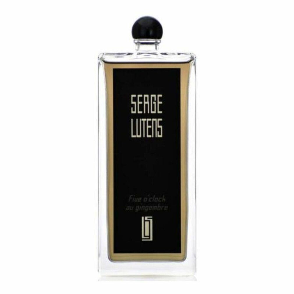 Flacone di profumo rettangolare con etichetta nera. Scritta: Serge Lutens, Five o'clock au gingembre. Tappo nero.