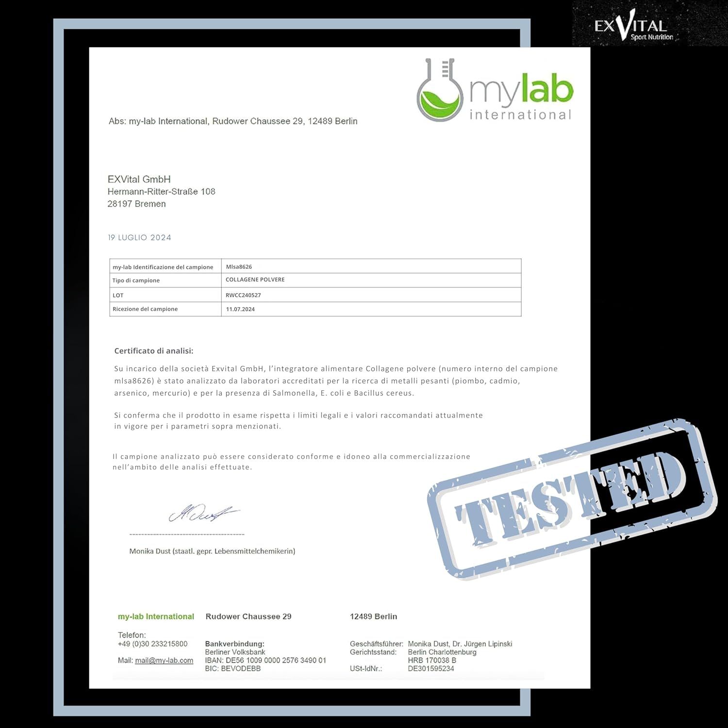 Certificato di laboratorio di mylab International. Contiene informazioni su EXVital Collagen Pulver, tipo I, II & III.