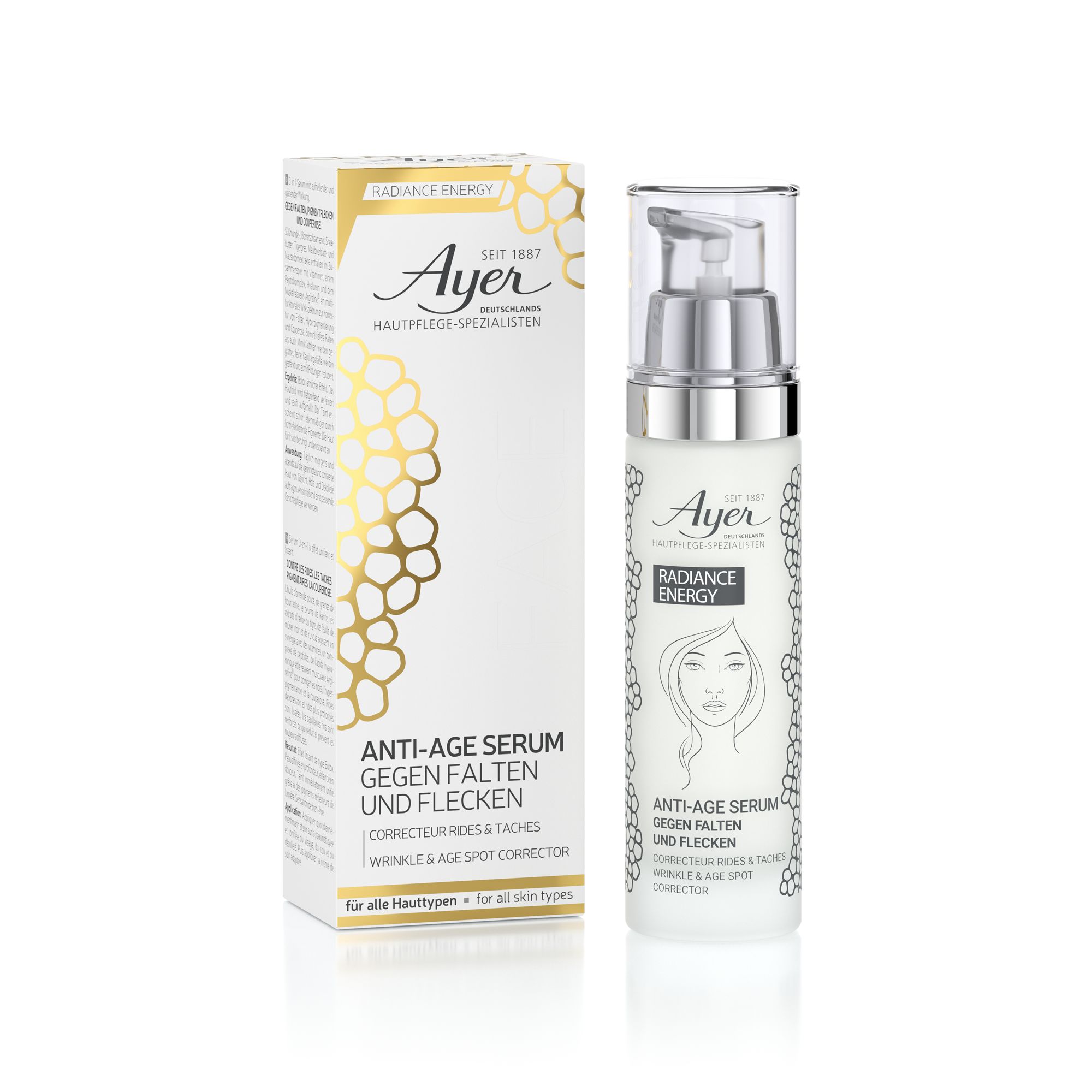 Siero anti-età Ayer con flacone dosatore e confezione. Testo: Radiance Energy, contro rughe e macchie.