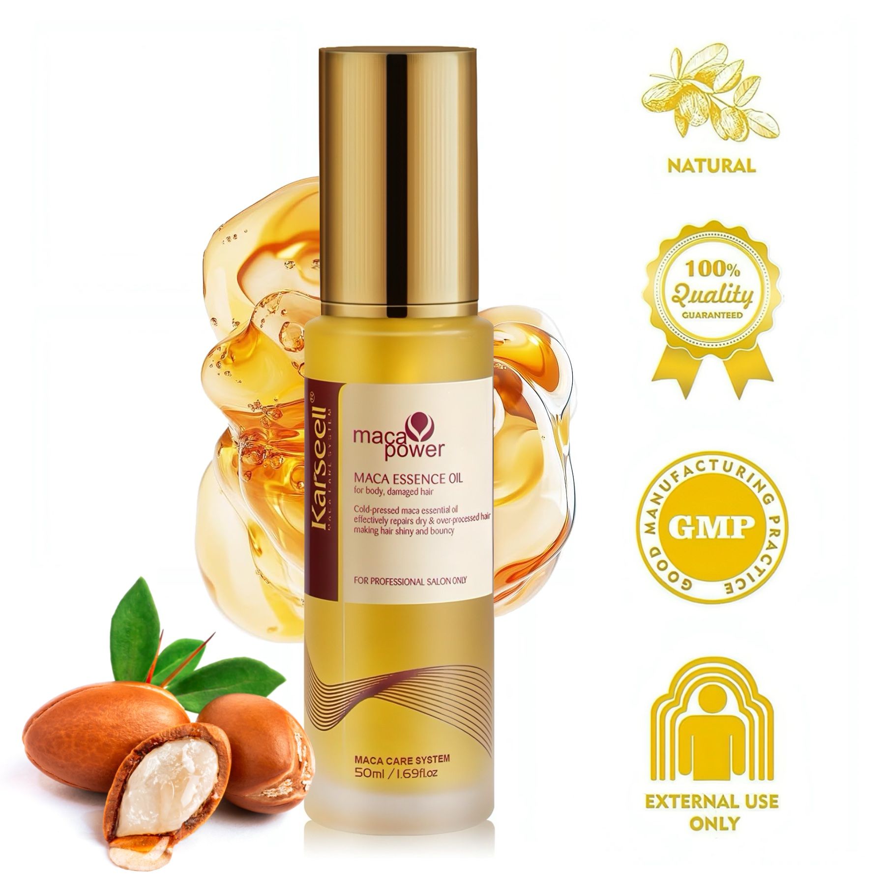 Olio Karseell Maca Essence. Bottiglia dorata. Testo: Per uso professionale in salone. Certificazioni.