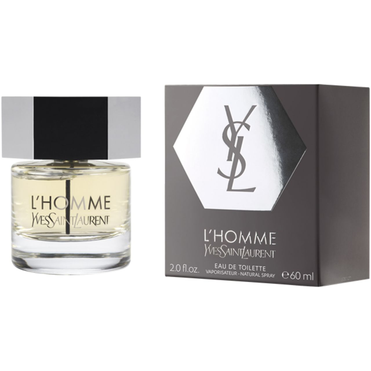 L'Homme EdT Vapo e confezione. Flacone in vetro con tappo argentato e parte centrale nera. Confezione nera con logo e nome del prodotto.