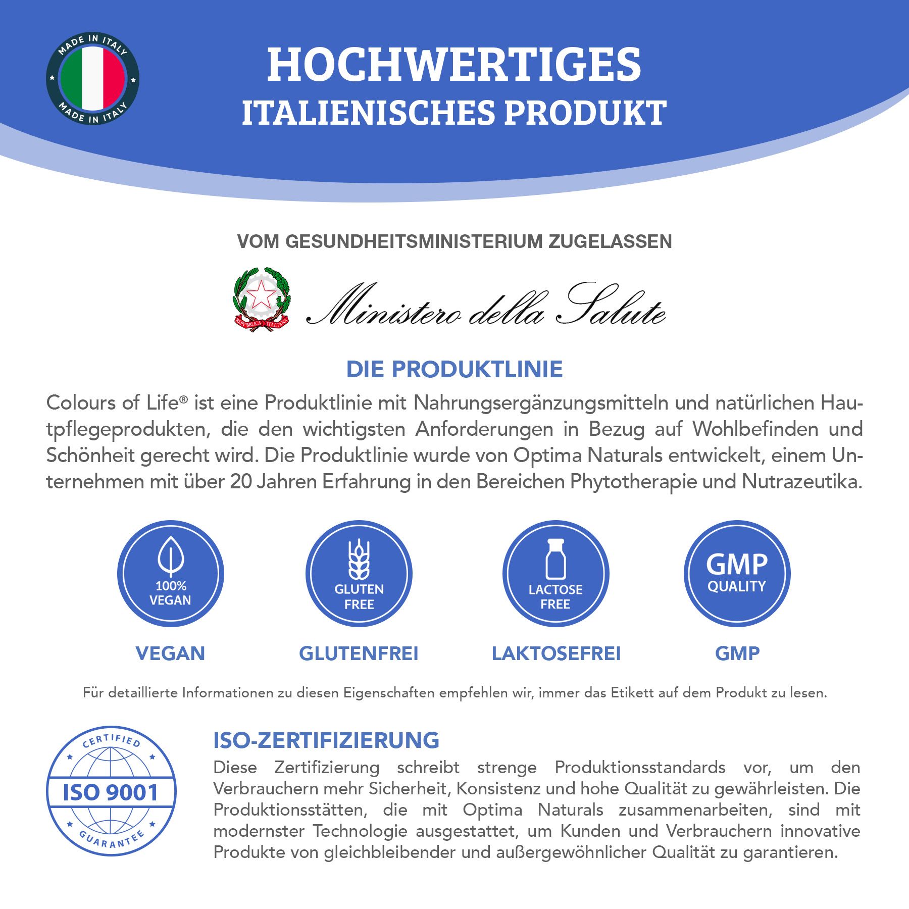 Prodotto italiano di alta qualità, approvato dal Ministero della Salute. Vegano, Senza Glutine.