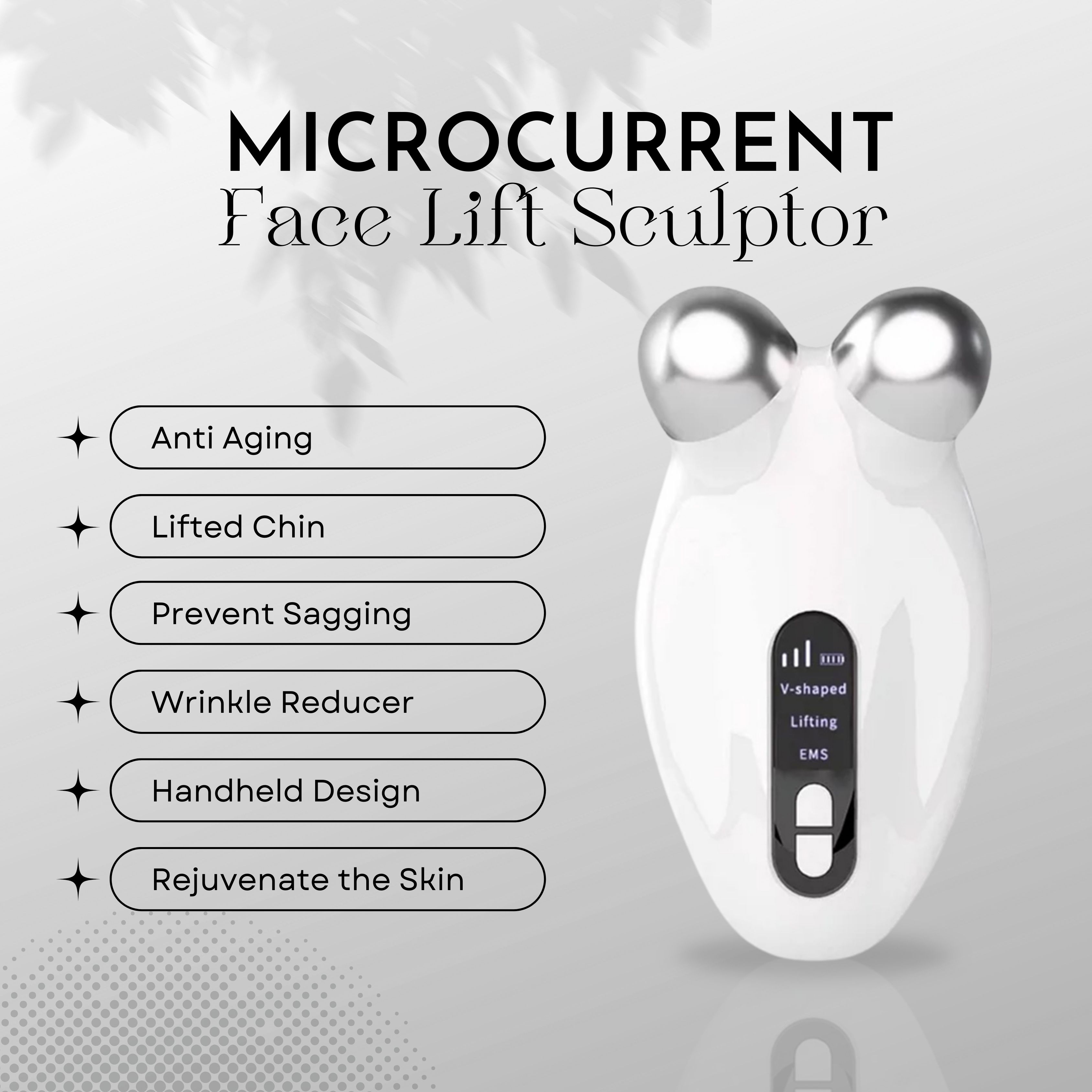 Dispositivo bianco per lifting facciale a microcorrente con sfere argentate e elenco dei benefici.