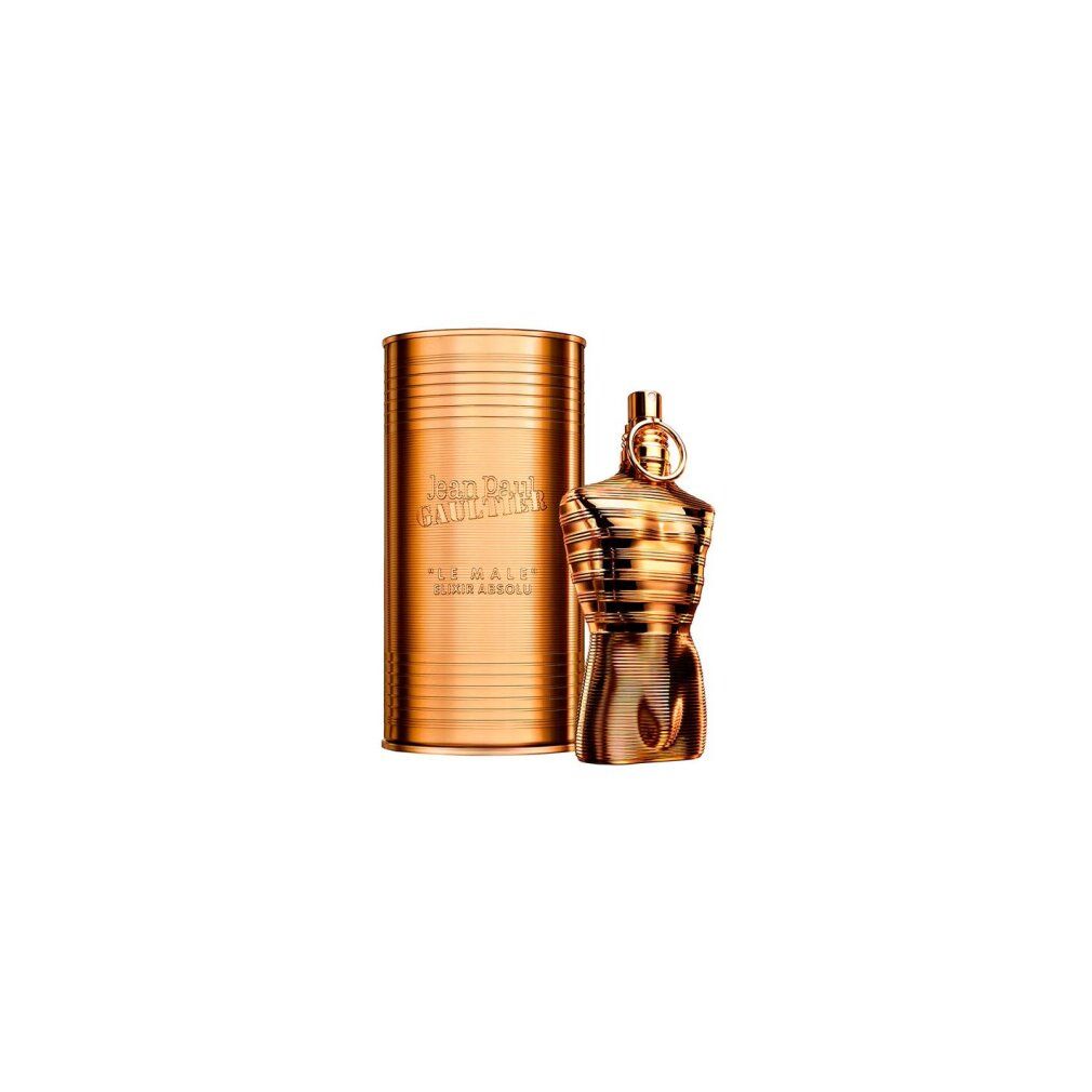 Flacone dorato a forma di torso e confezione cilindrica. Scritta: Jean Paul Gaultier, Le Male Elixir Absolu.