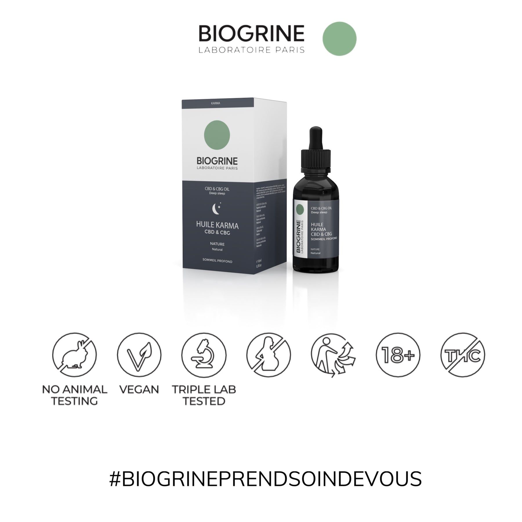 Confezione del prodotto e flacone con pipetta. Loghi: No Animal Testing, Vegan, Triple Lab Tested, 18+, THC free. Testo: BIOGRINE.