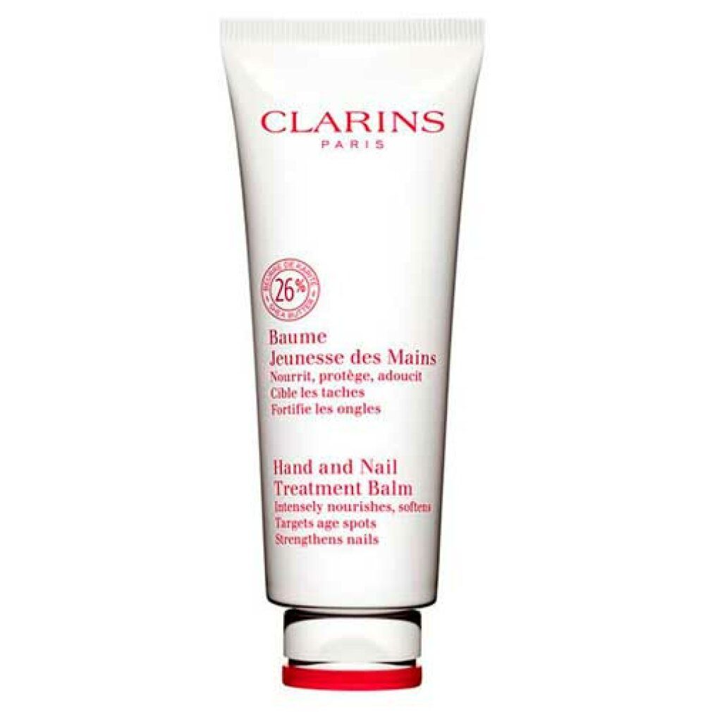 Tubo bianco con tappo rosso. Testo: Clarins, Baume Jeunesse des Mains, Hand and Nail Treatment Balm. Grafica rotonda con 26%.