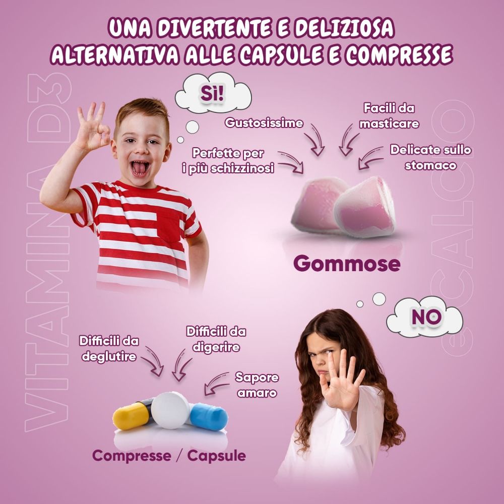 Bambino con caramelle gommose. Testo: Un'alternativa divertente e deliziosa a capsule e compresse.