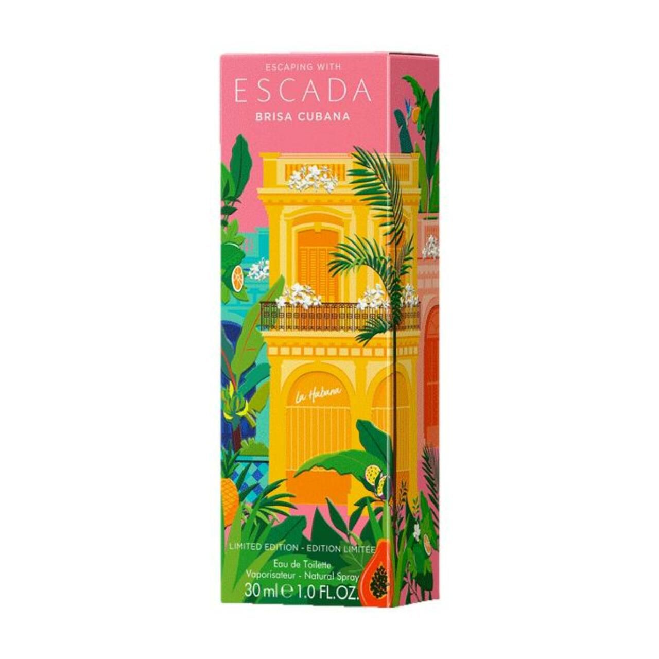 Confezione Escada Brisa Cubana. Sfondo rosa, edificio giallo, foglie verdi. Scritta: Escada, Brisa Cubana.