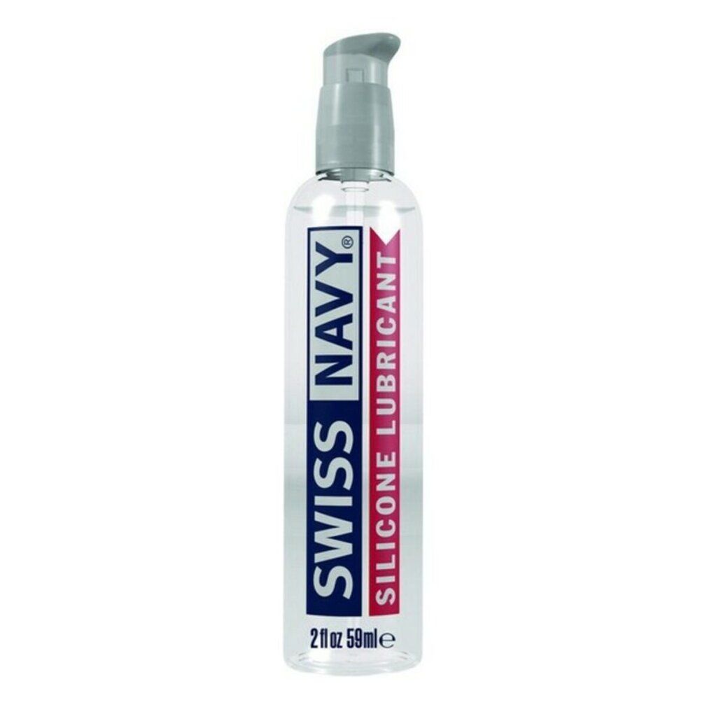 Flacone trasparente con dosatore a pompa. Scritta: SWISS NAVY SILICONE LUBRICANT. Capacità: 2 fl oz 59ml.
