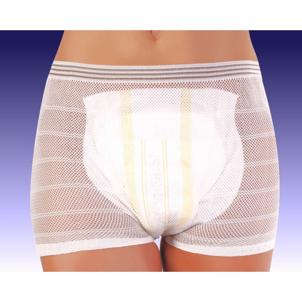 Mutandine elastiche bianche con assorbente inserito. Le mutandine coprono la zona intima. Strisce gialle visibili sull'assorbente.