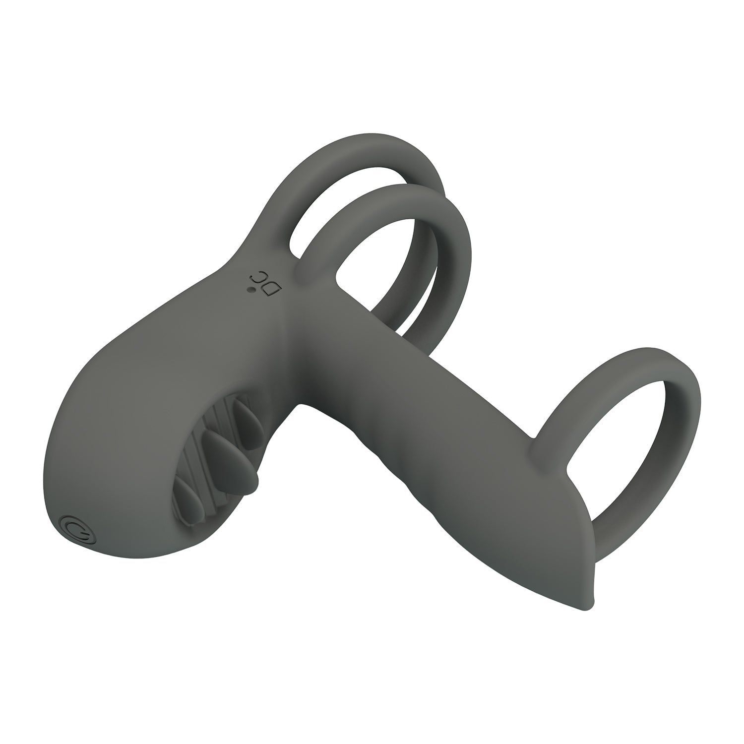 Prodotto benessere grigio con due anelli e parte curva con rilievi. Logo DC visibile.