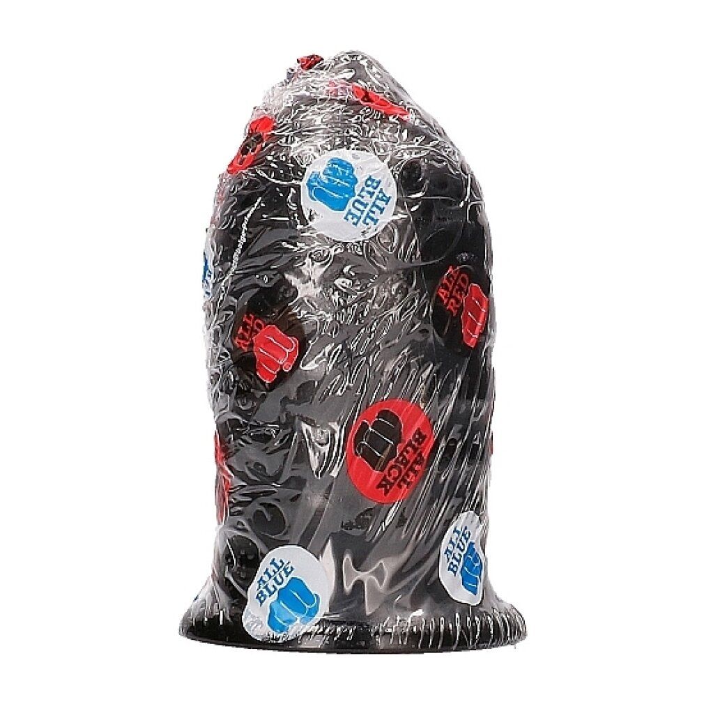 Plug anale nero in confezione. Adesivi con pugno e testo.