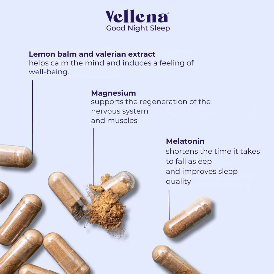 Capsule e ingredienti: Melissa, Valeriana, Magnesio, Melatonina. Testo: aiuta a calmare la mente, supporta il sistema nervoso, riduce il tempo di addormentamento.