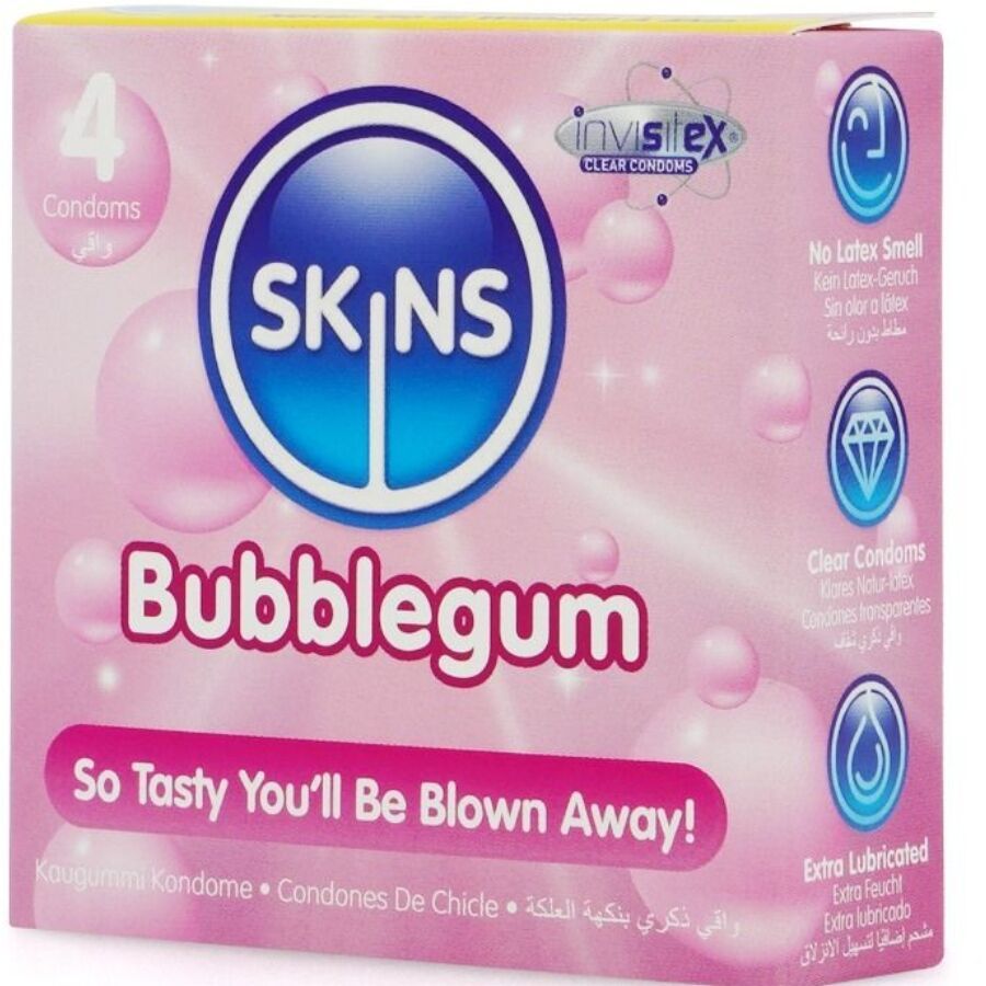 Confezione rosa SKINS Bubblegum con 4 preservativi. Testo: So Tasty You'll Be Blown Away! Marchio InvisiTex Clear Condoms.
